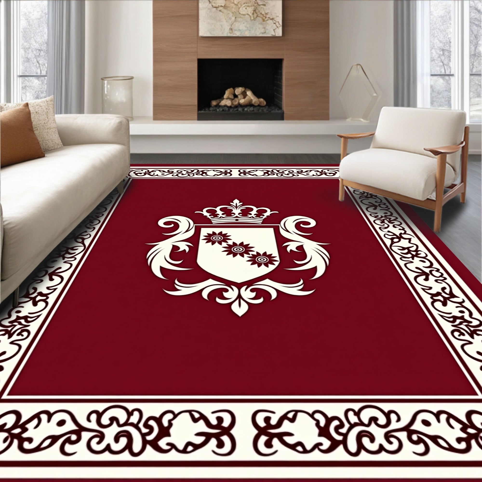 Crimson Crest Floral Emblem Border Rug