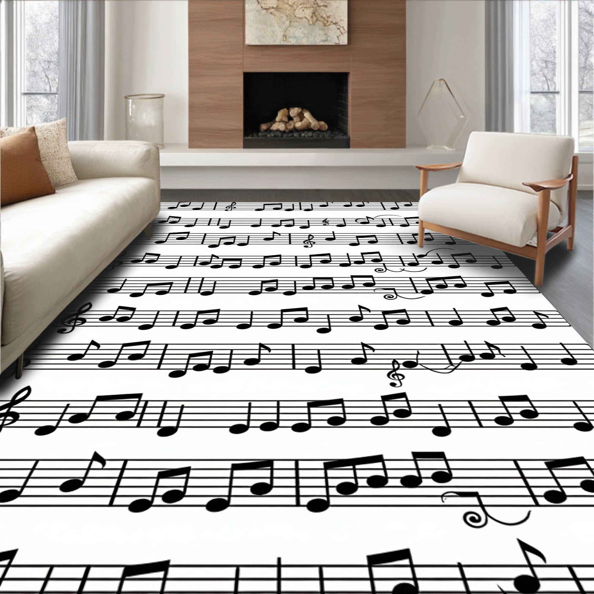 Black and White Musical Score Border Rug