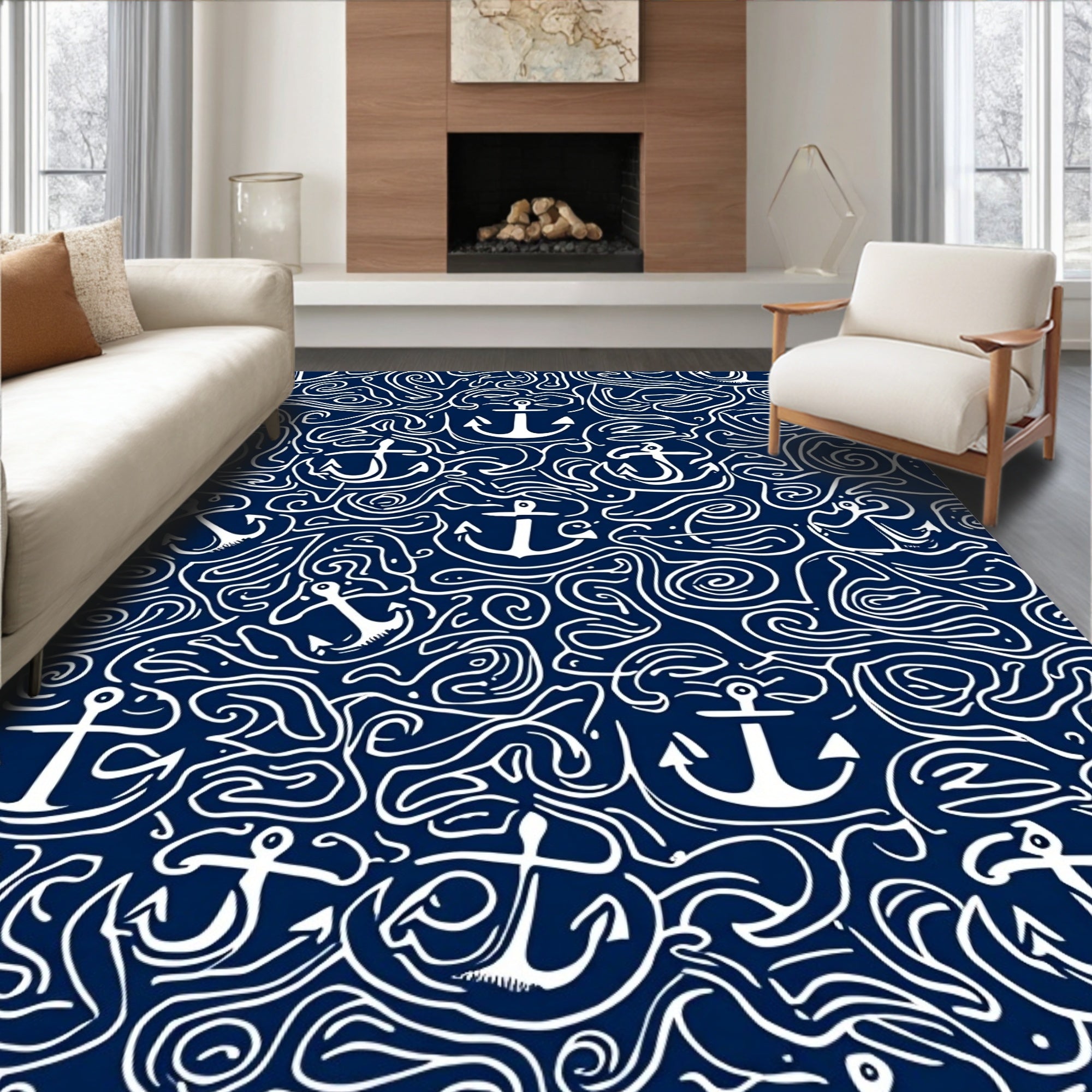 Navy White Anchor Sea Swirl Rug