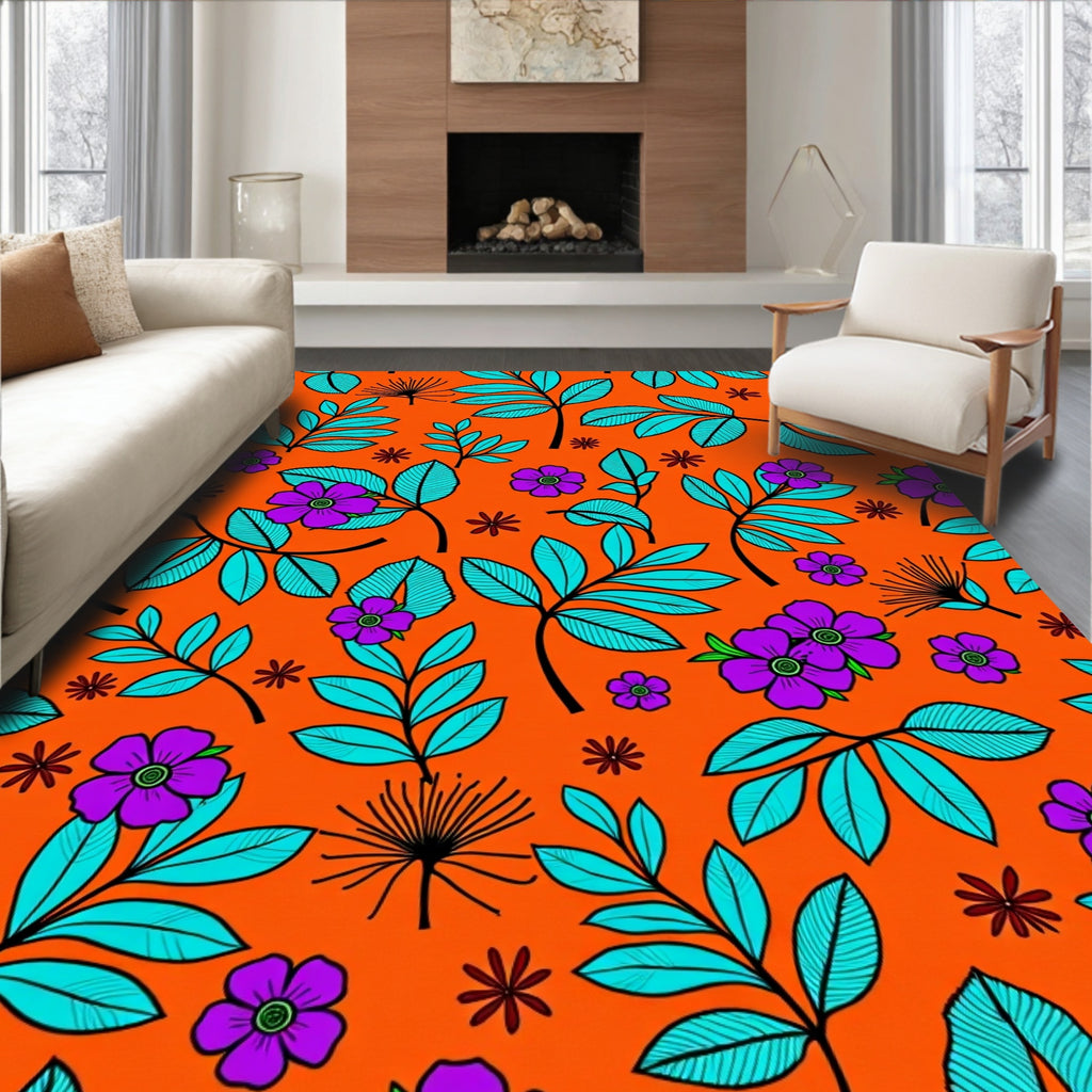 Vibrant Purple Floral Turquoise Leaf Rug