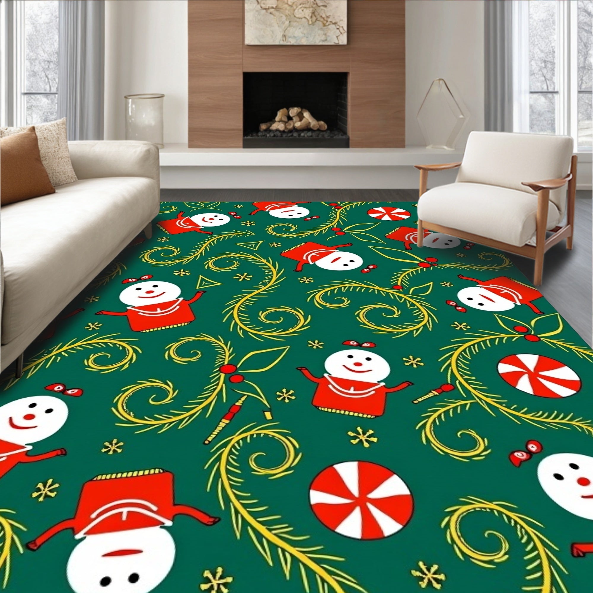 Merry Snowman Red Holly Vines Rug
