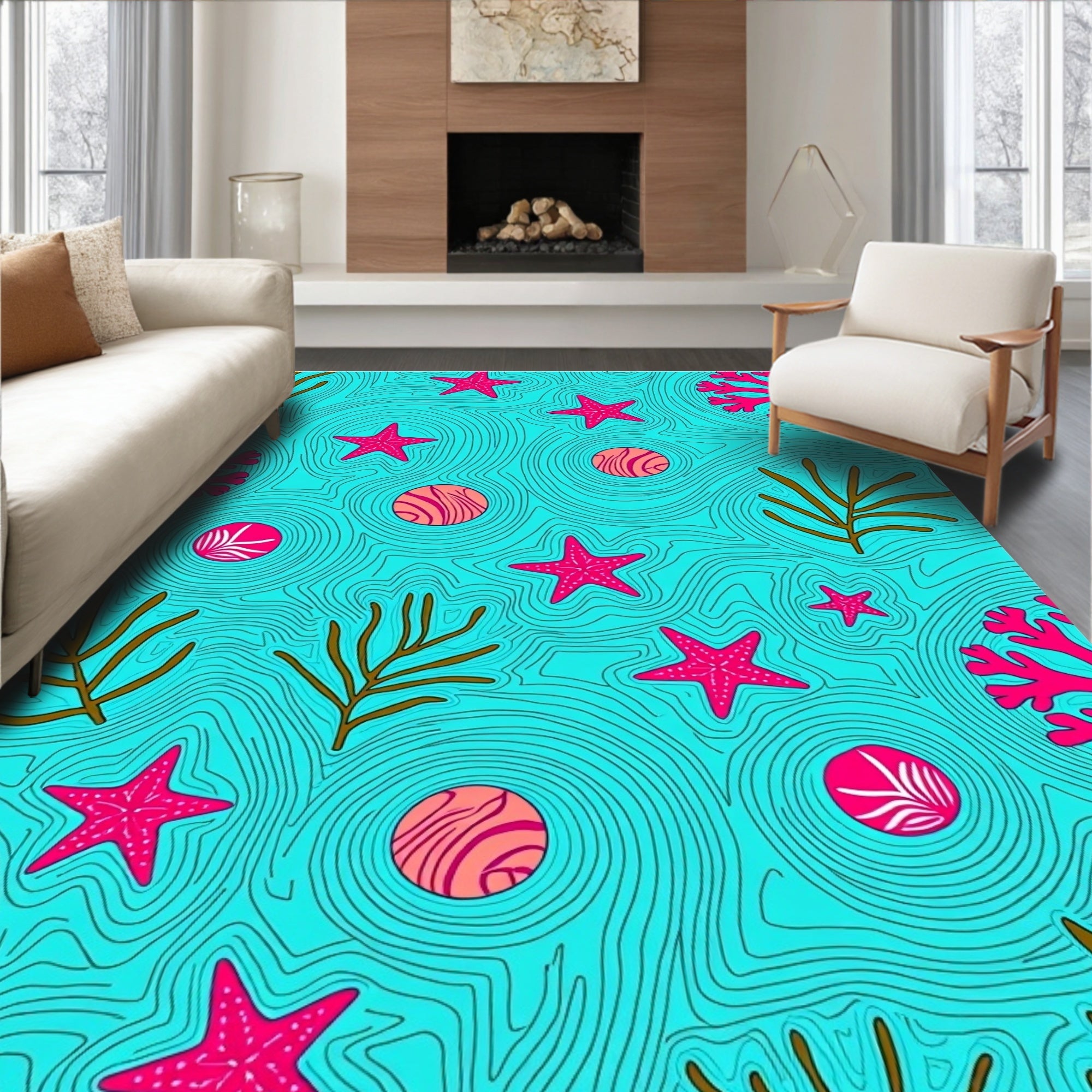 Vibrant Coral Starfish Ocean Waves Rug