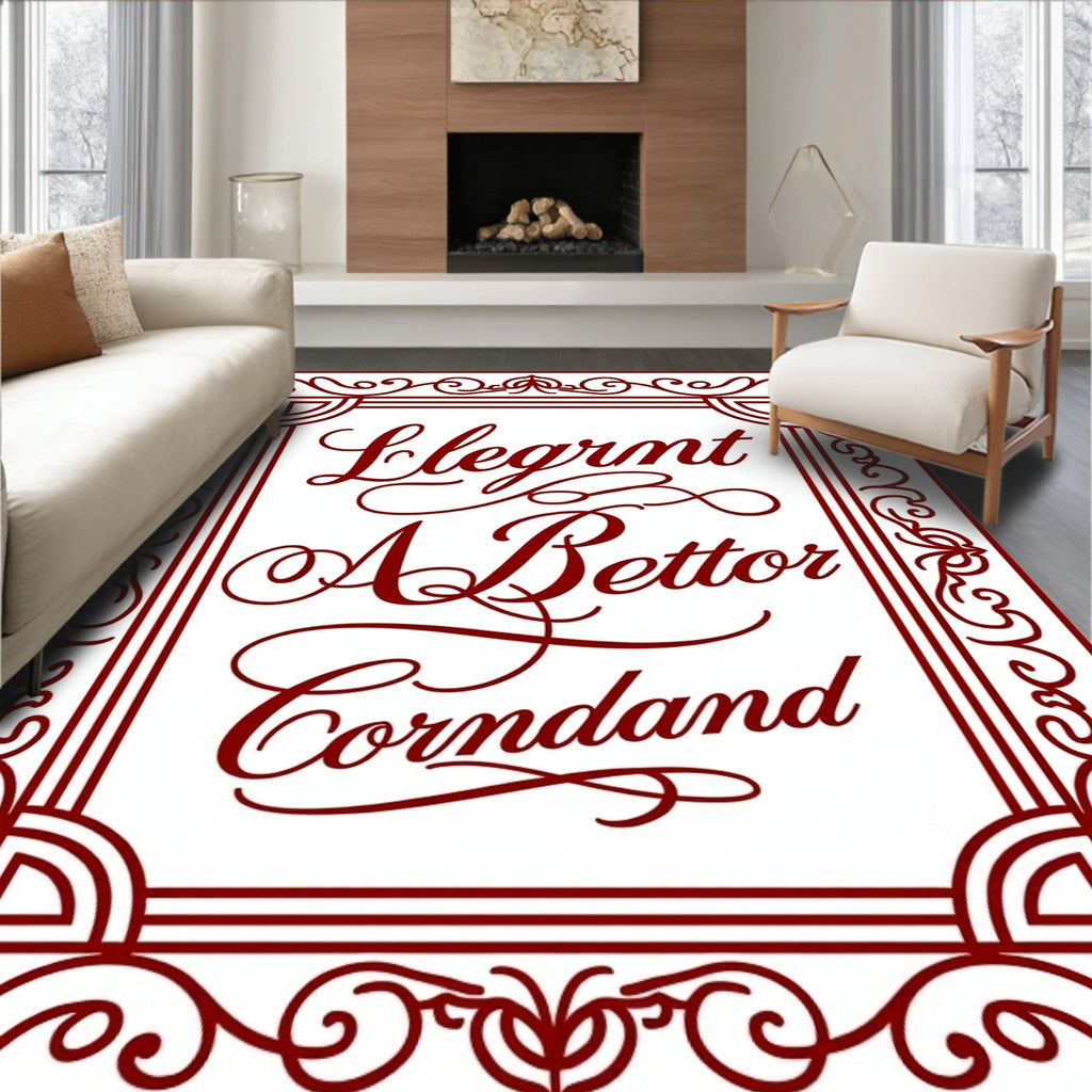 Elegant Red Script Floral Border Rug