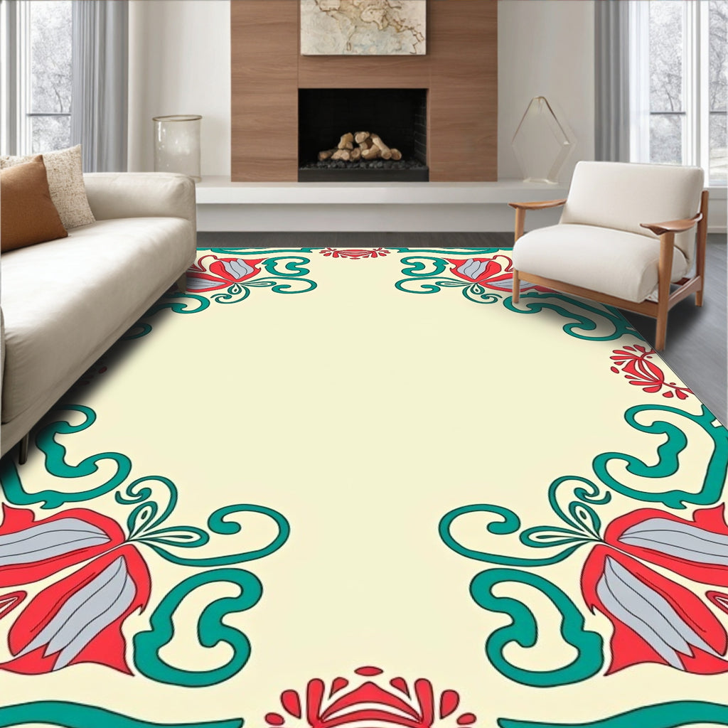 Coral Teal Floral Corner Accents Rug
