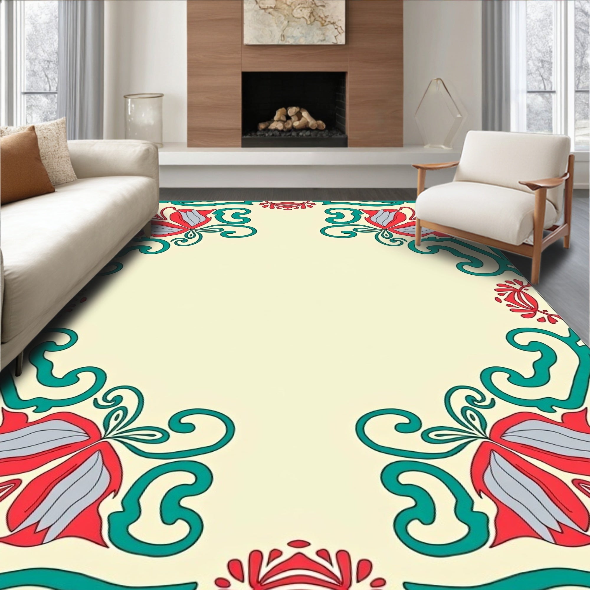 Coral Teal Floral Corner Accents Rug