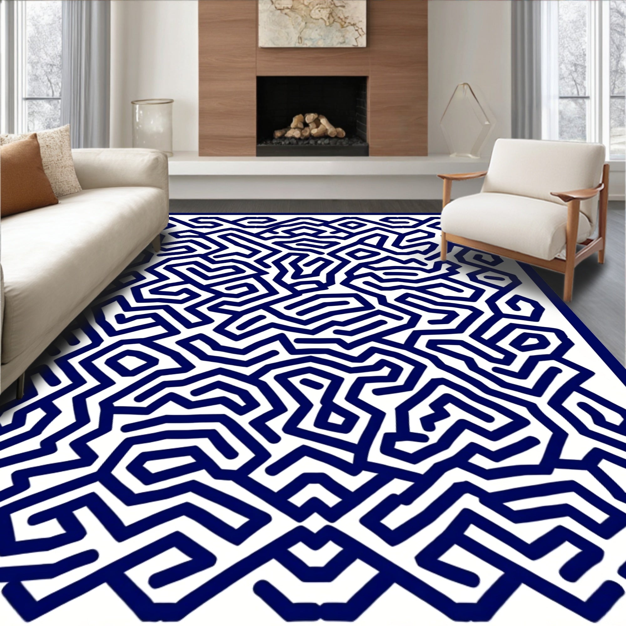 Navy Blue Abstract Maze Rug