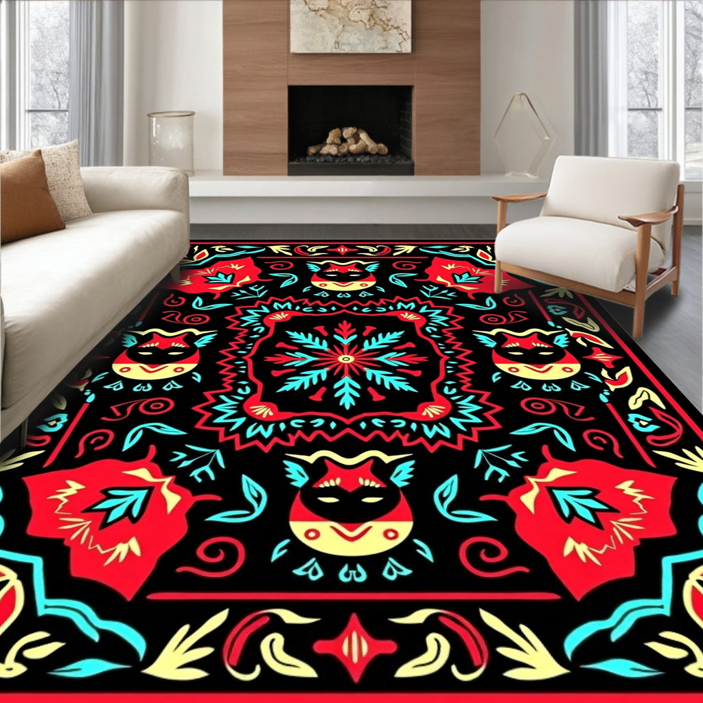 Red Yellow Blue Tribal Creatures Floral Rug