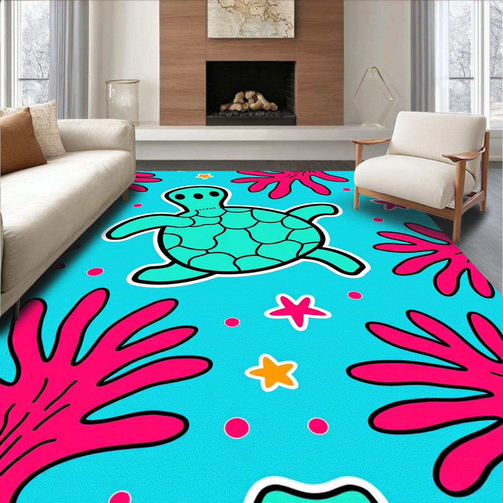 Aqua Turtle Coral Star Underwater Scene Rug