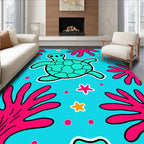 Aqua Turtle Coral Star Underwater Scene Rug
