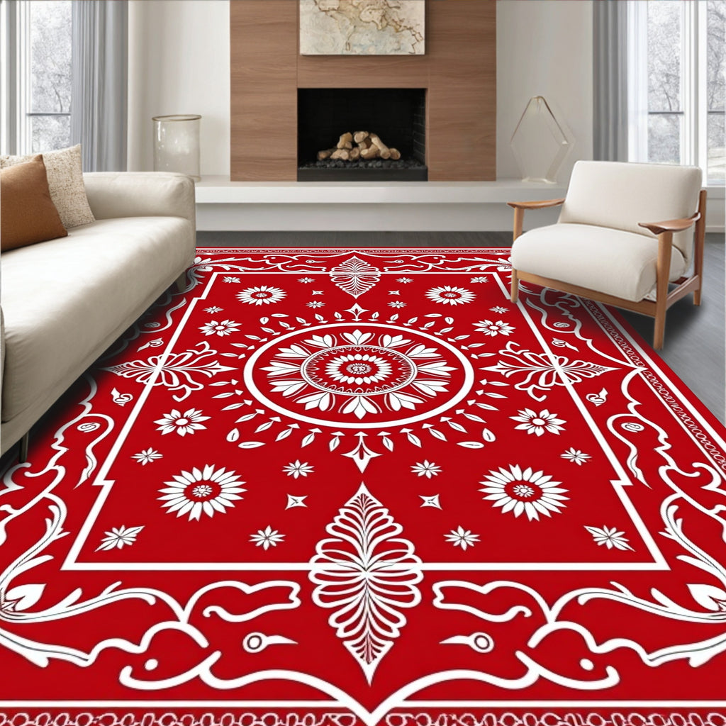 Bold Red Floral Concentric Circle Rug