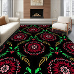 Crimson Floral Medallion Black Background Rug
