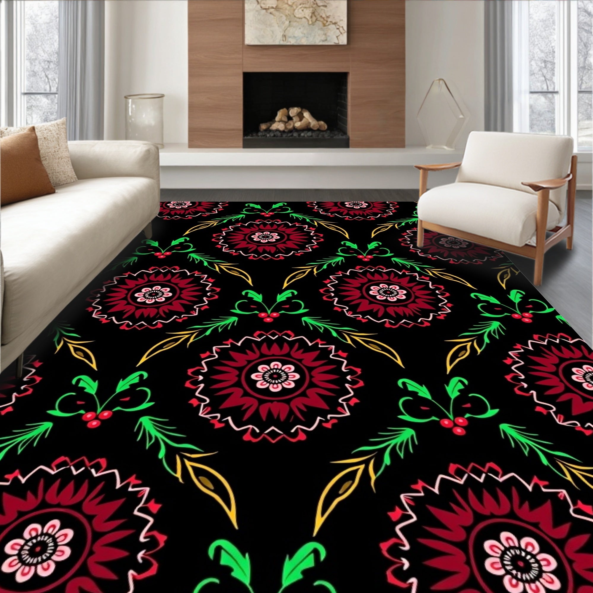 Crimson Floral Medallion Black Background Rug