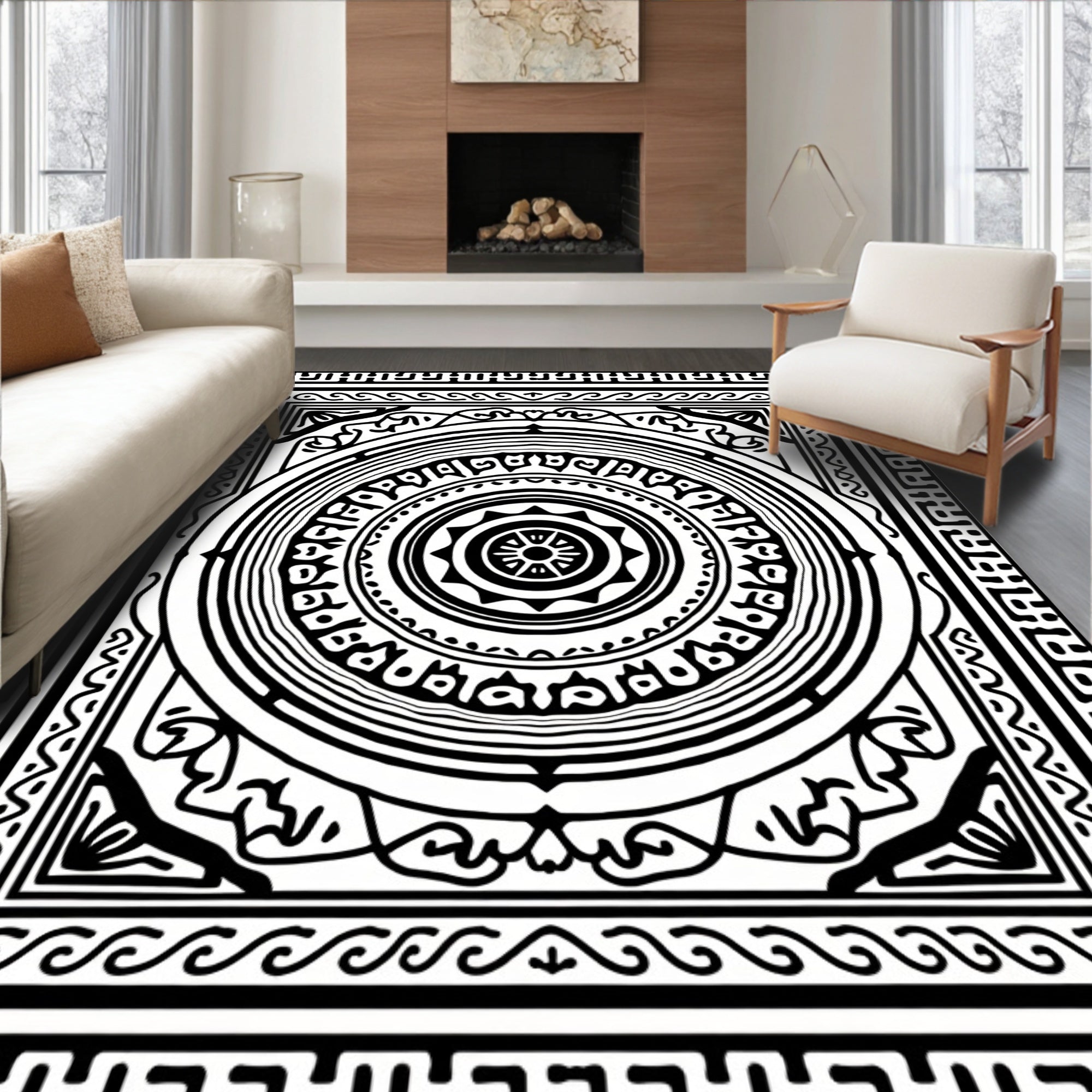 Black White Concentric Circle Mandala Rug