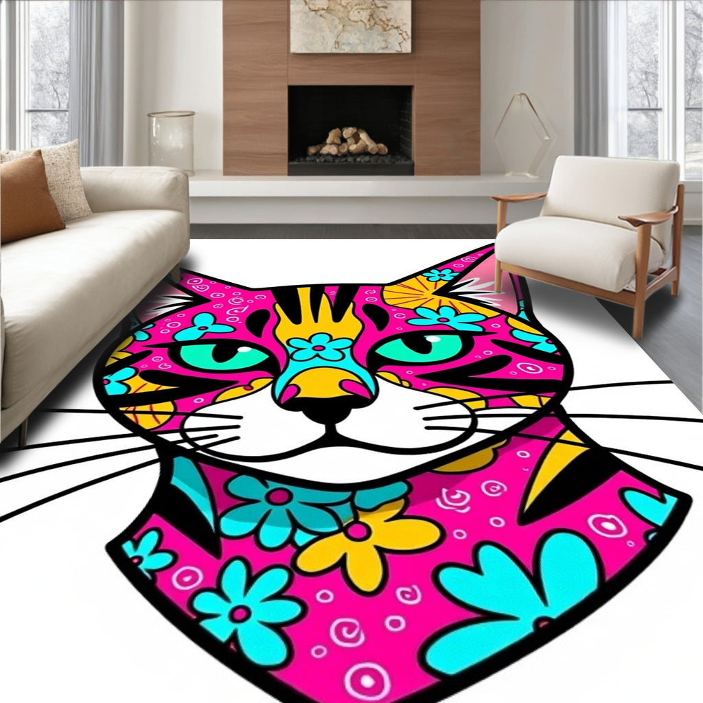 Vibrant Pink Floral Cat Face Rug