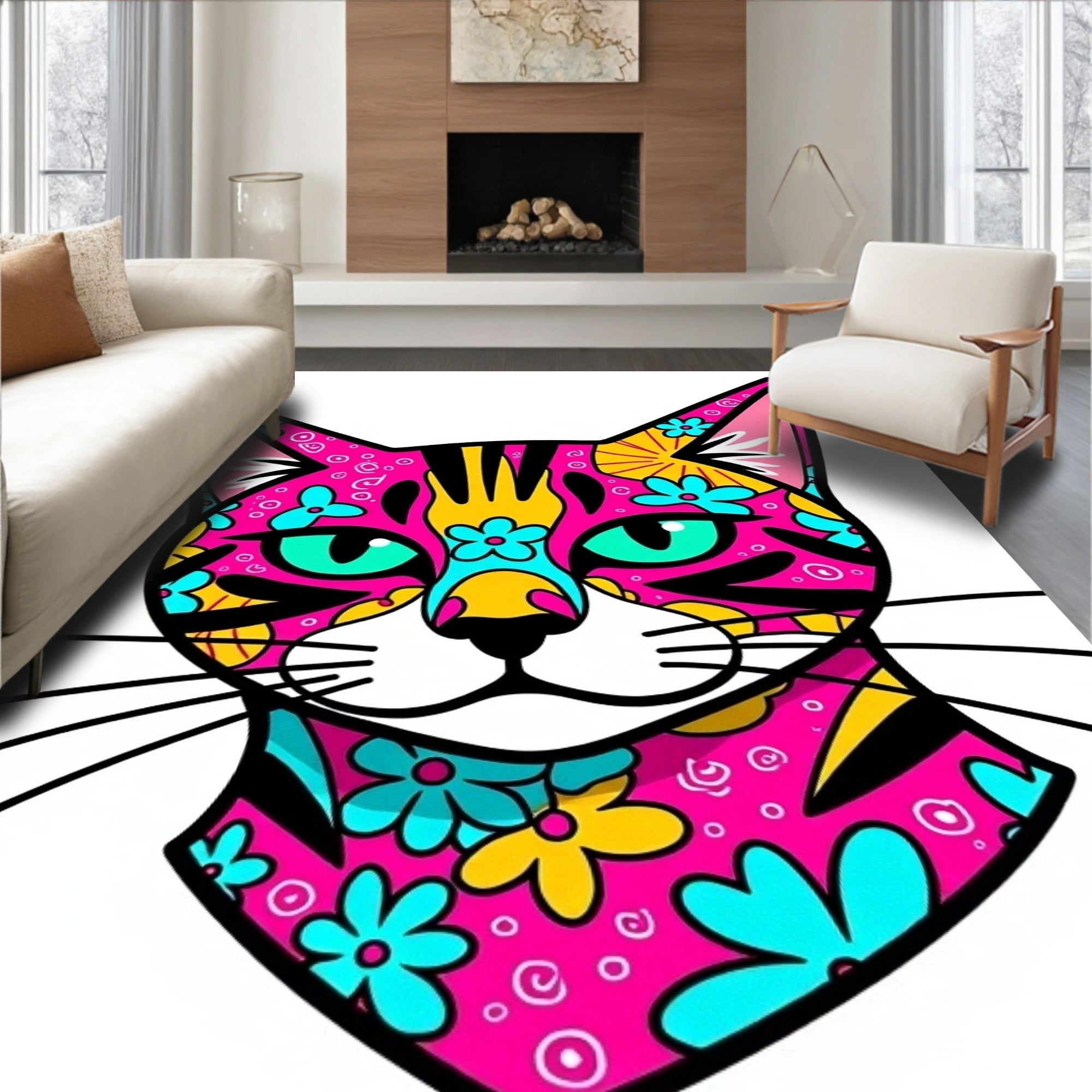 Vibrant Pink Floral Cat Face Rug