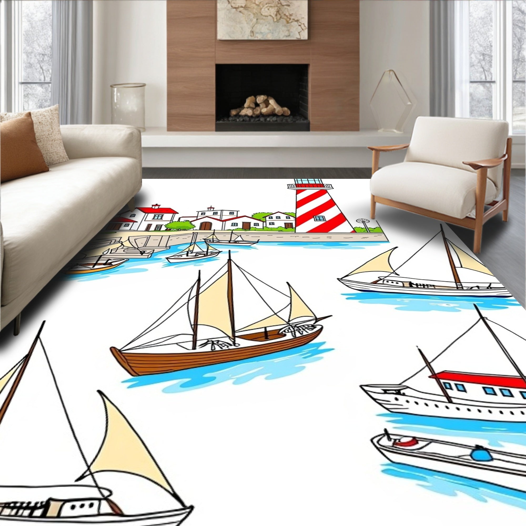 Seaside Village Lighthouse Sailboat Collection Rug