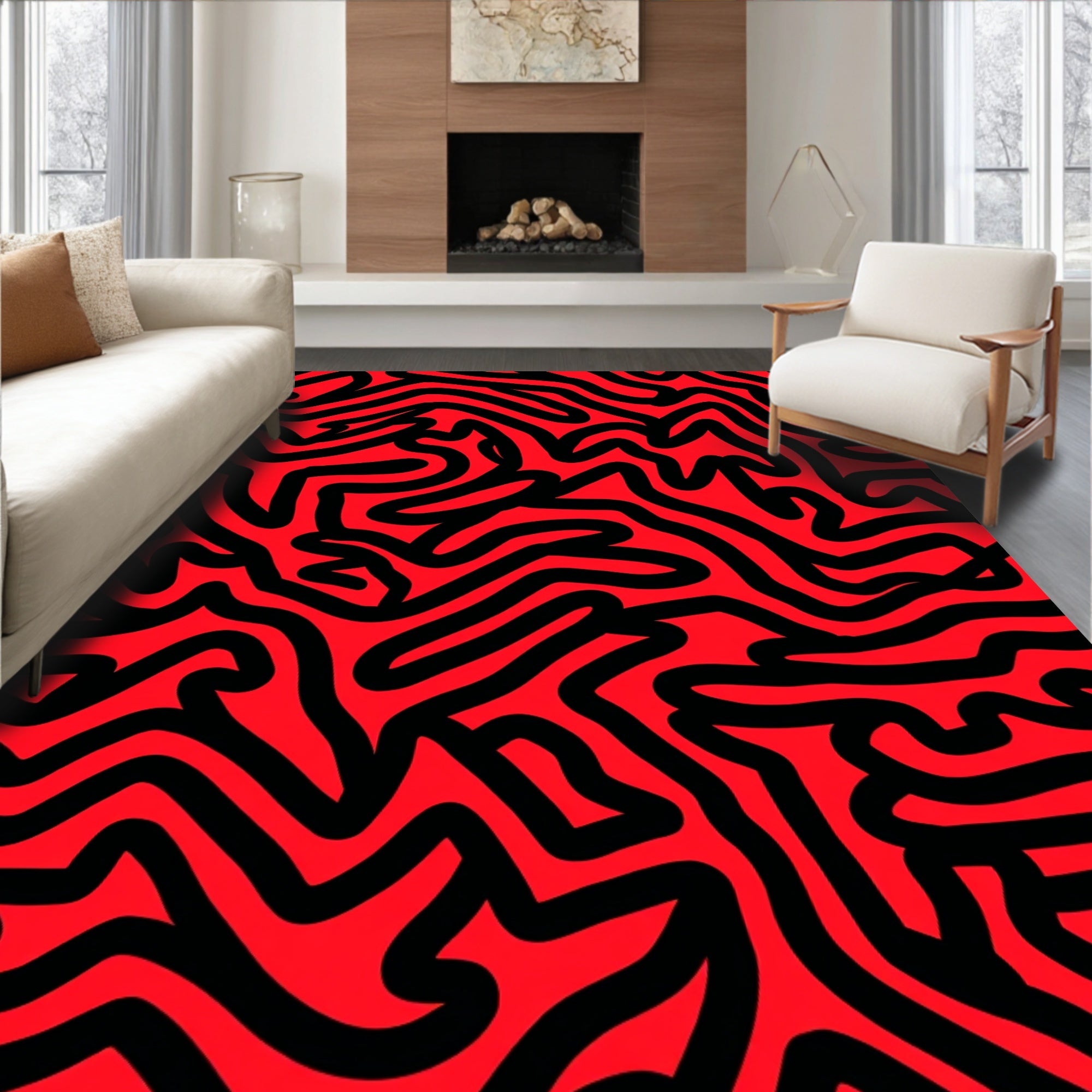Bold Red Swirl Continuous Line Rug