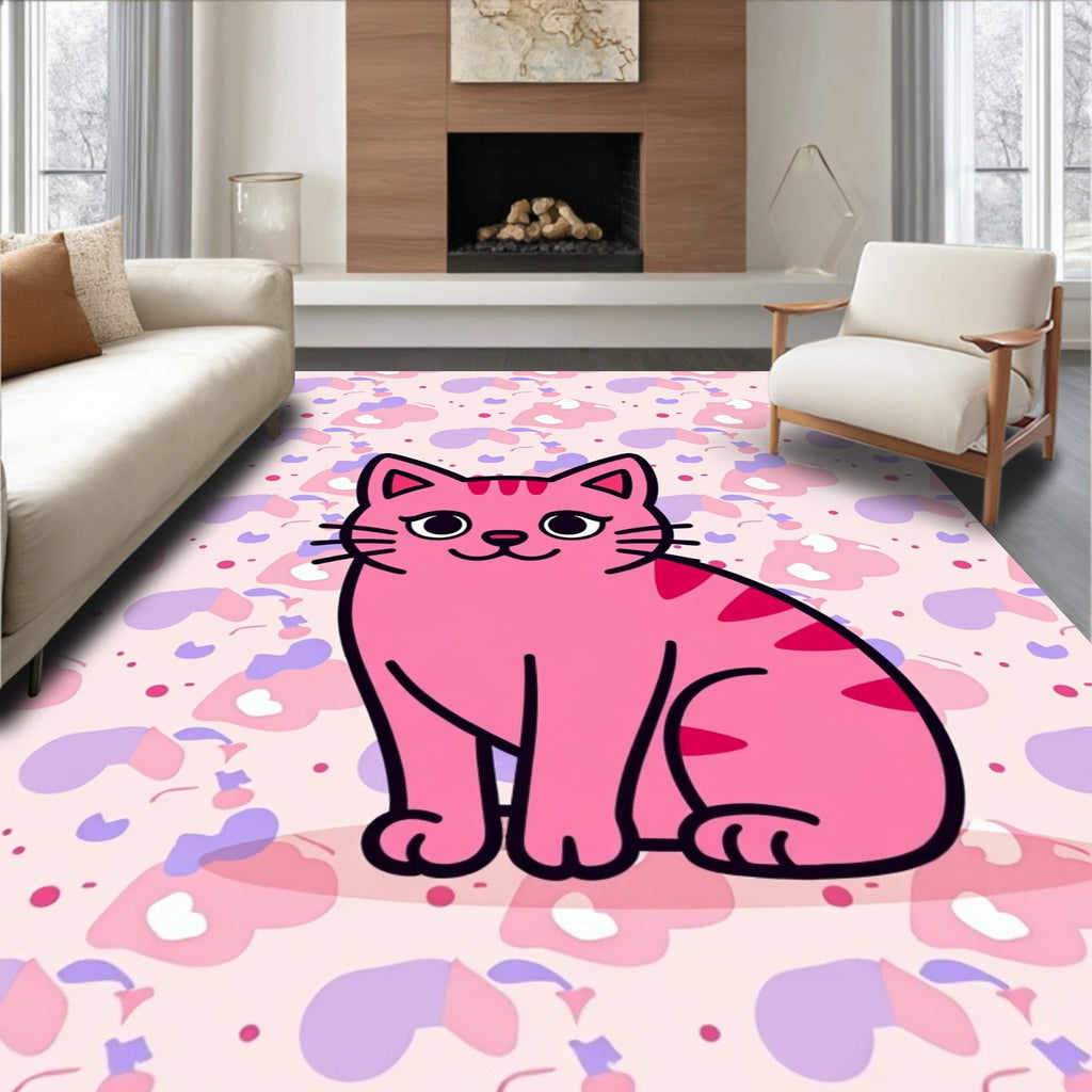 Pink Cat With Purple Cloud Background Rug