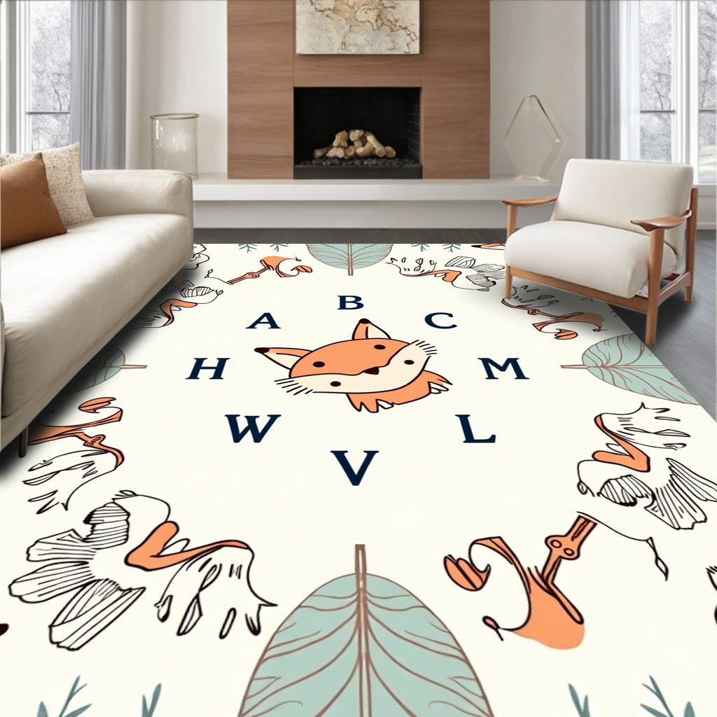 Whimsical Fox Floral Alphabet Cream Rug