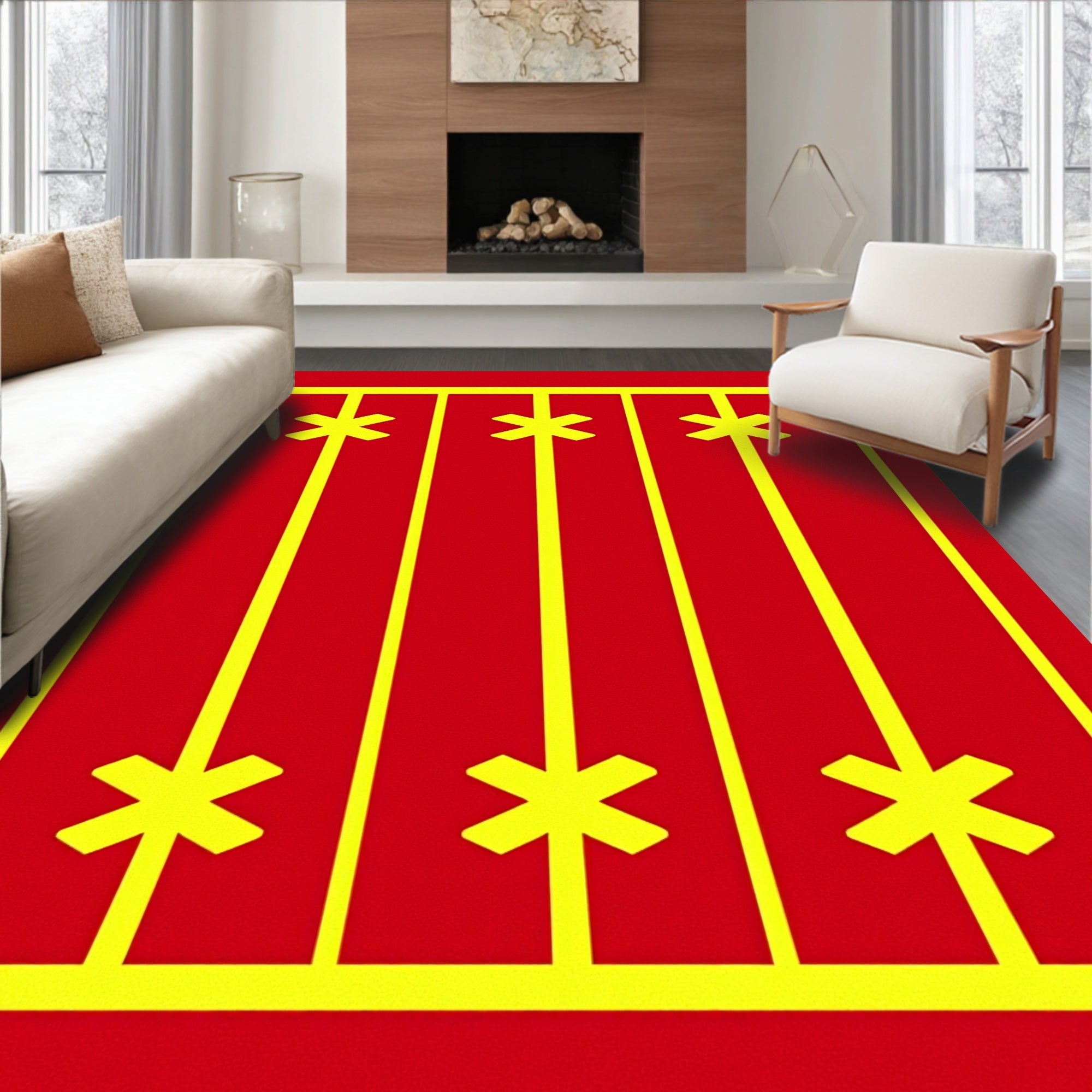 Bold Yellow Star Geometric Red Rug