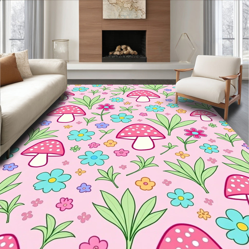 Pink Mushroom Flower Garden Whimsy Rug