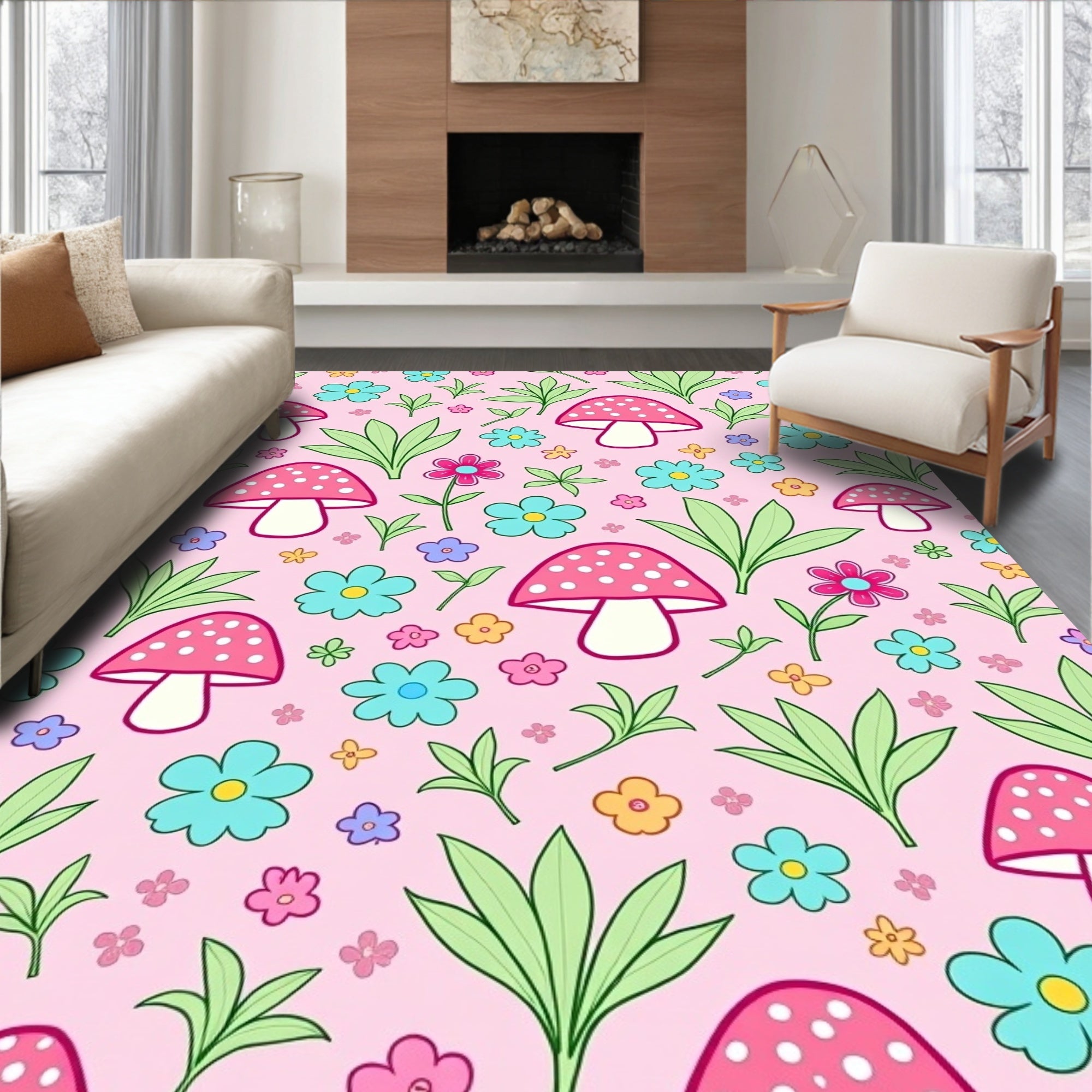 Pink Mushroom Flower Garden Whimsy Rug