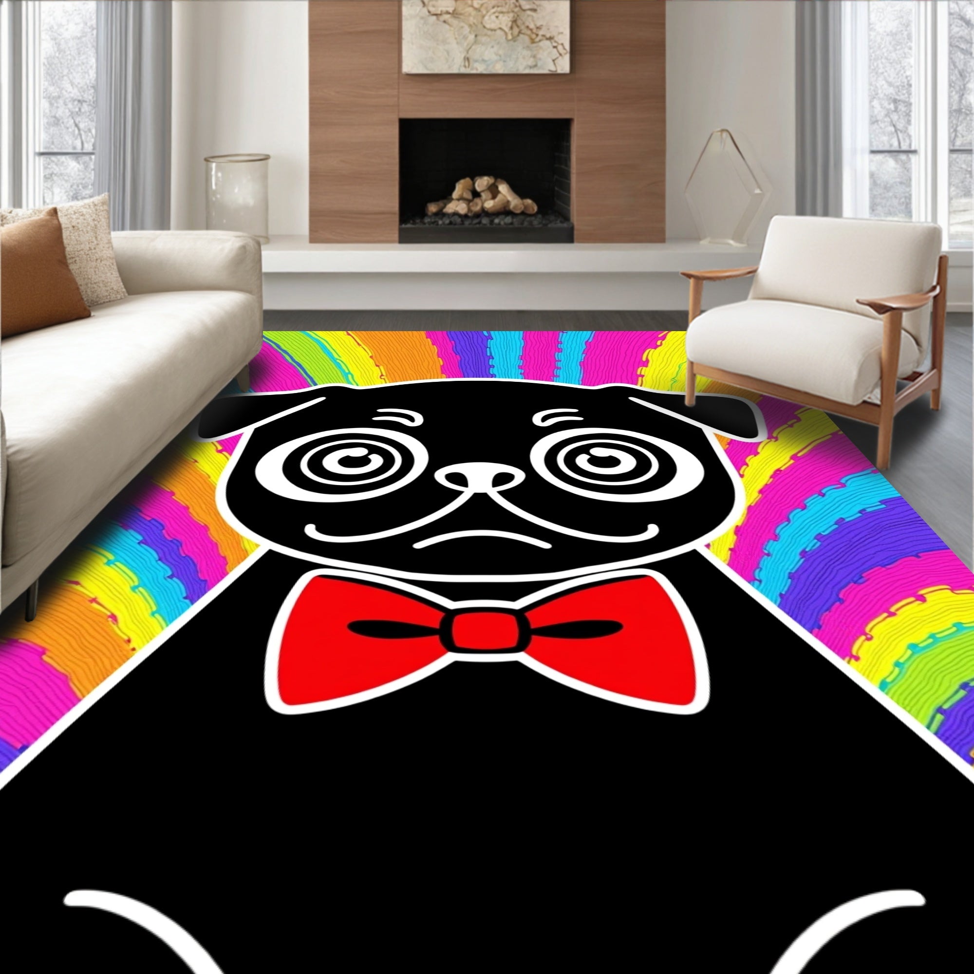 Groovy Black Pug Red Bowtie Rainbow Rug