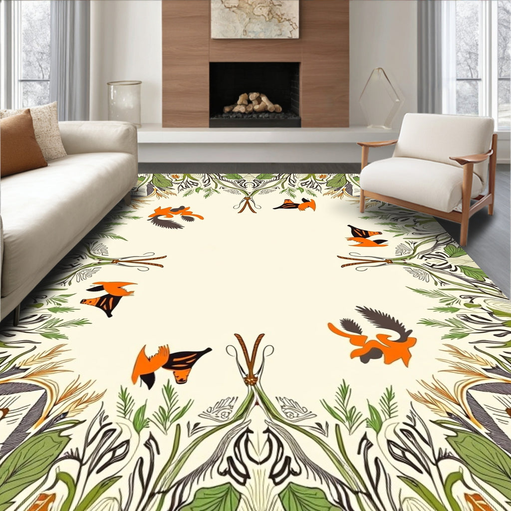 Whimsical Orange Bird Foliage Frame Rug
