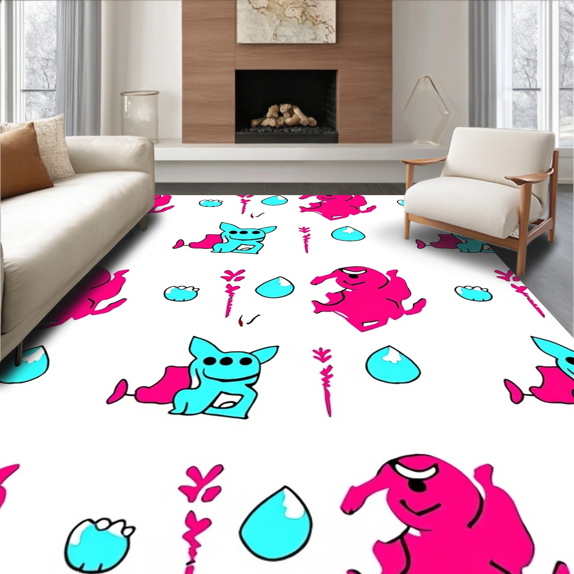 Vibrant Pink Blue Monster Drops Art Rug