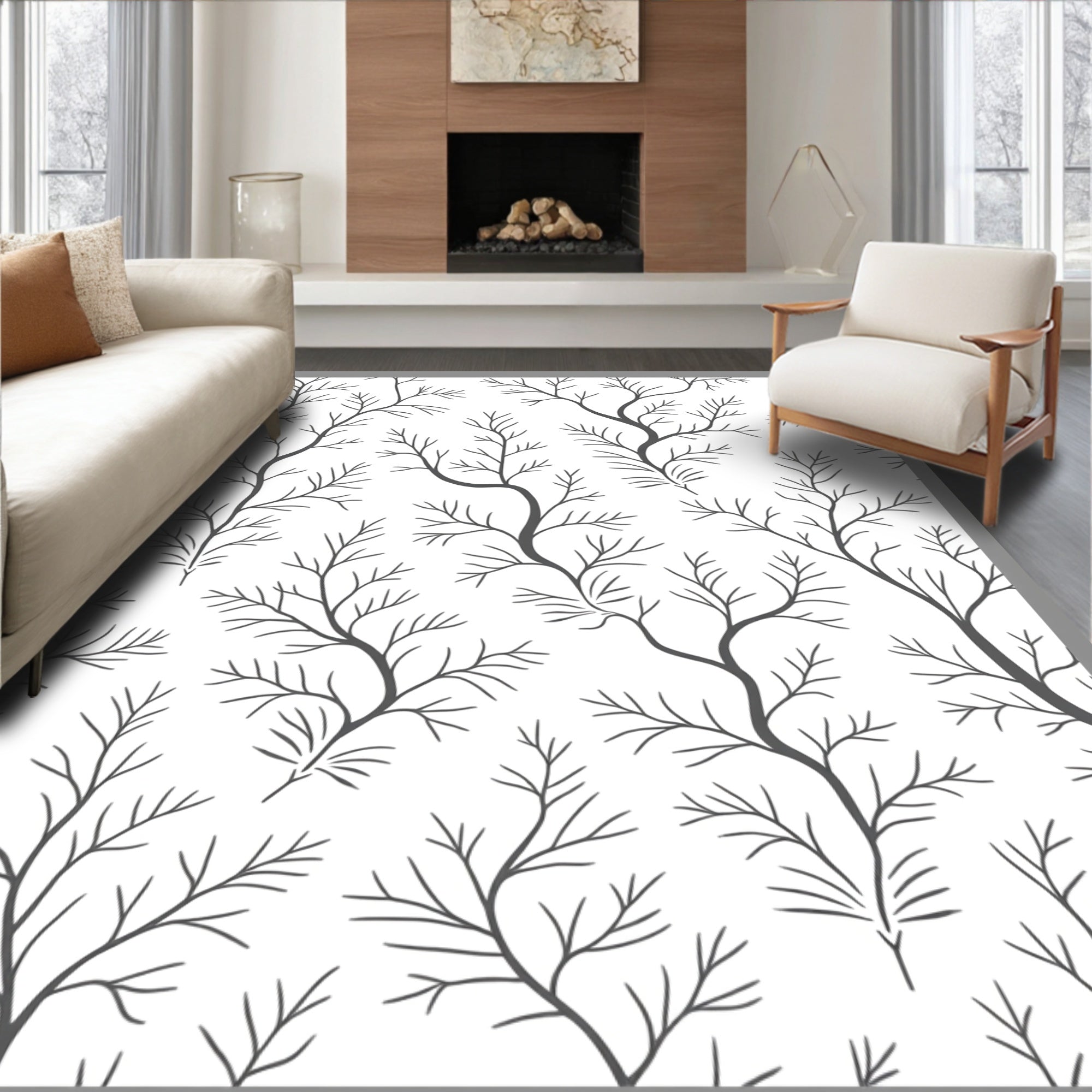 Minimalist Gray Branch Silhouette Rug