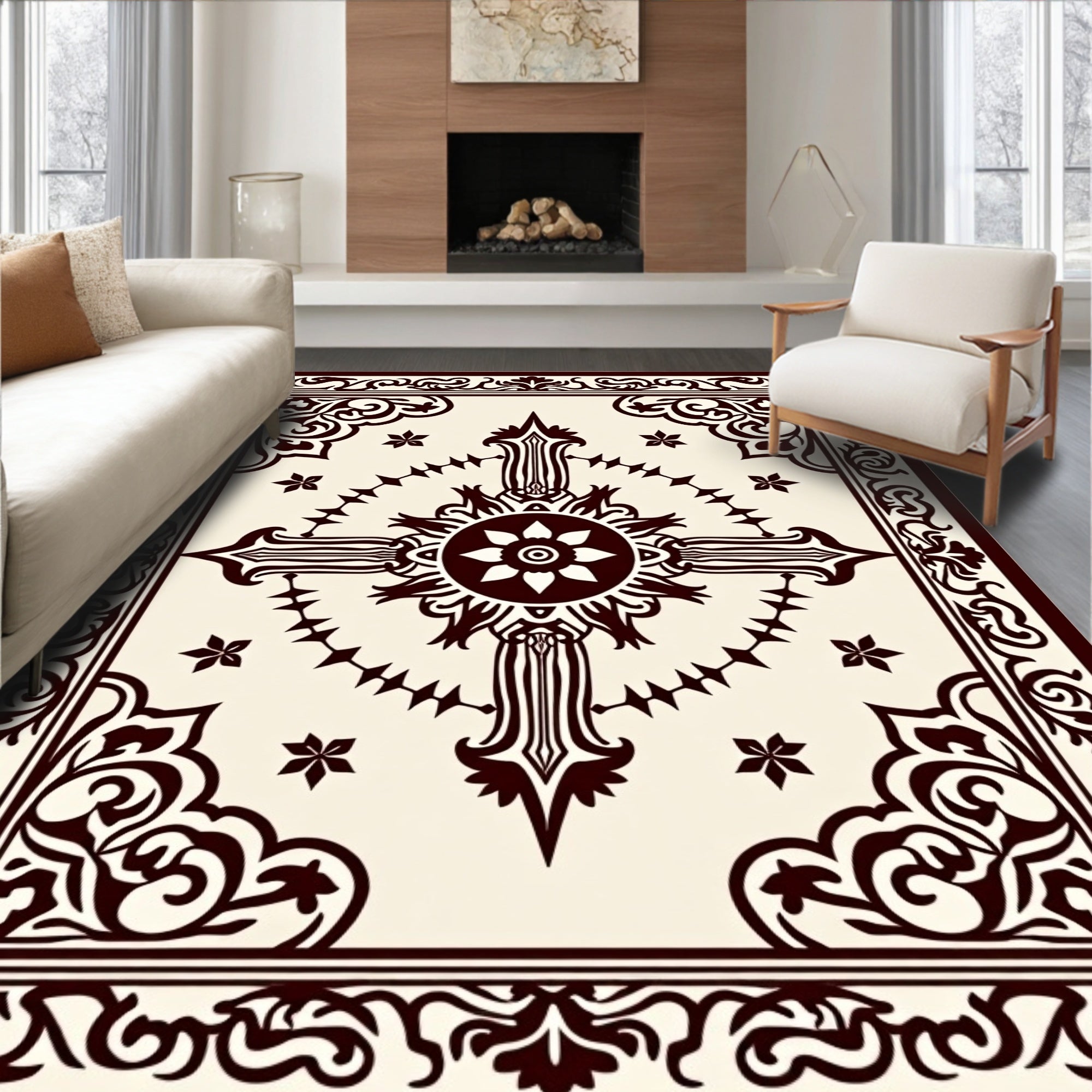 Dark Crimson Ornamental Medallion Frame Rug
