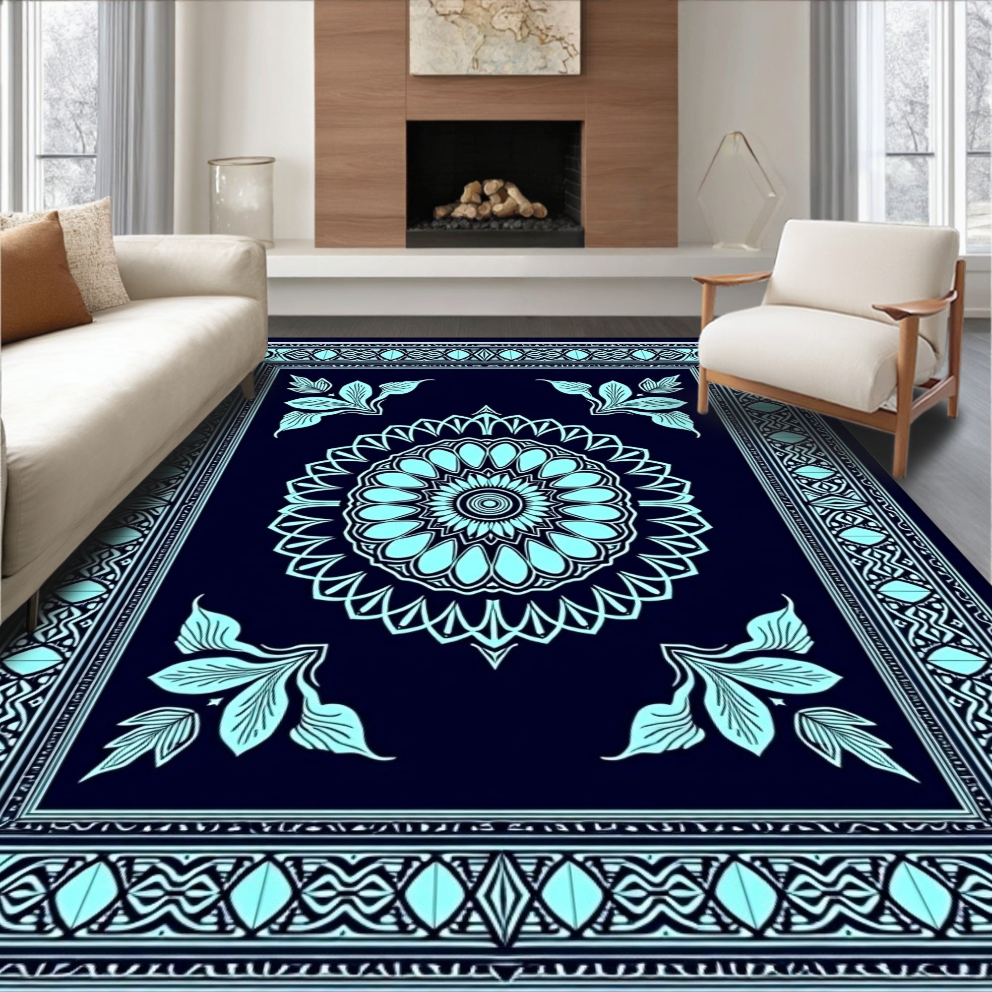 Cyan Floral Mandala Border Rug