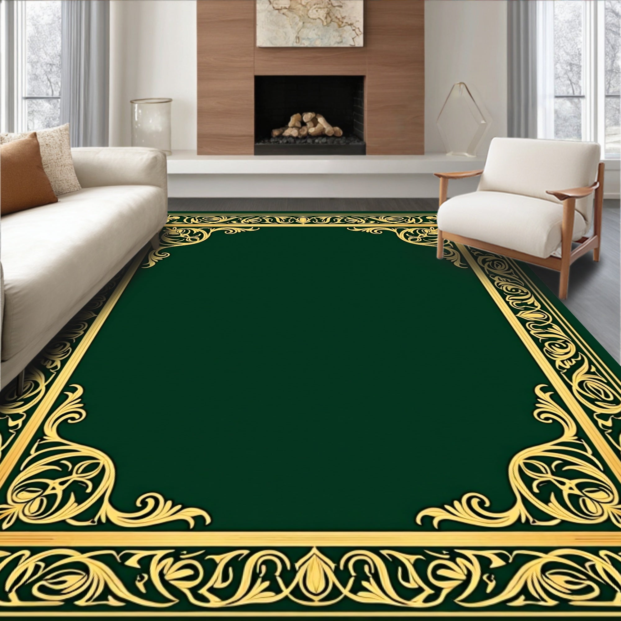 Golden Emerald Flourish Ornament Frame Rug