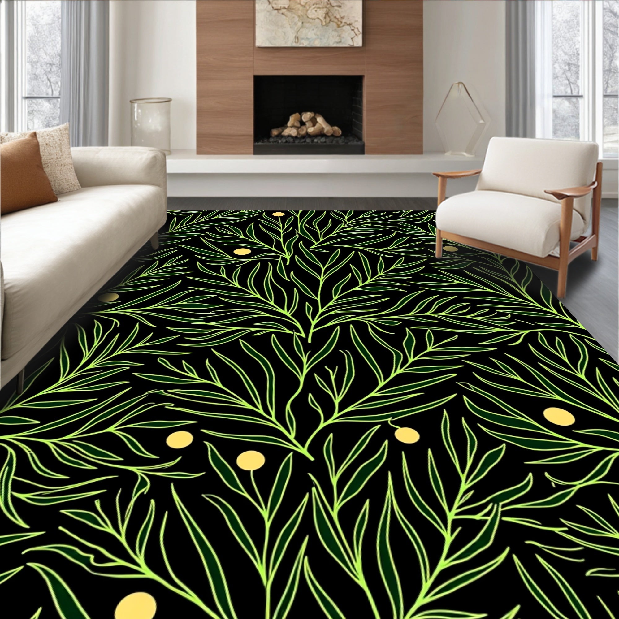 Chartreuse Leafy Branches with Gold Dots Rug