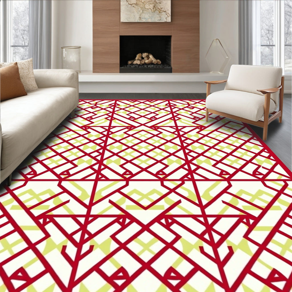 Crimson and Pale Yellow Geometric Lattice Rug