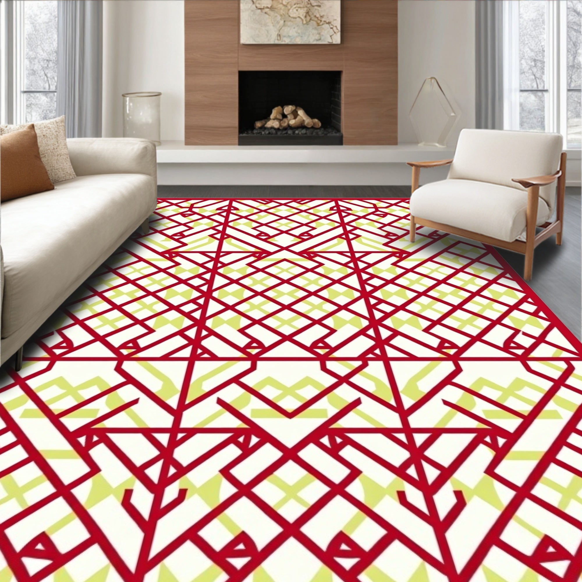 Crimson and Pale Yellow Geometric Lattice Rug
