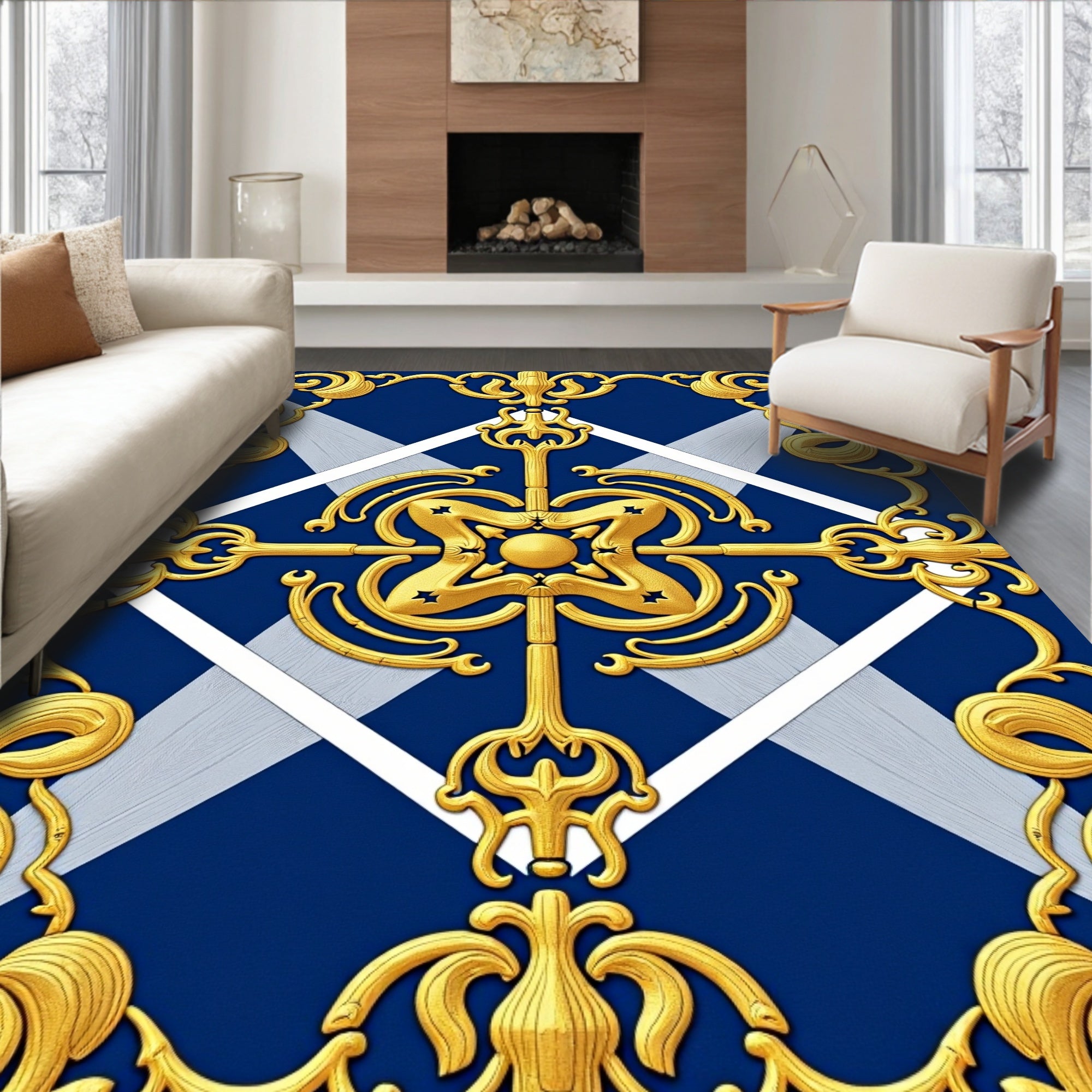 Ornate Gold Scrollwork on Blue Diamond Rug