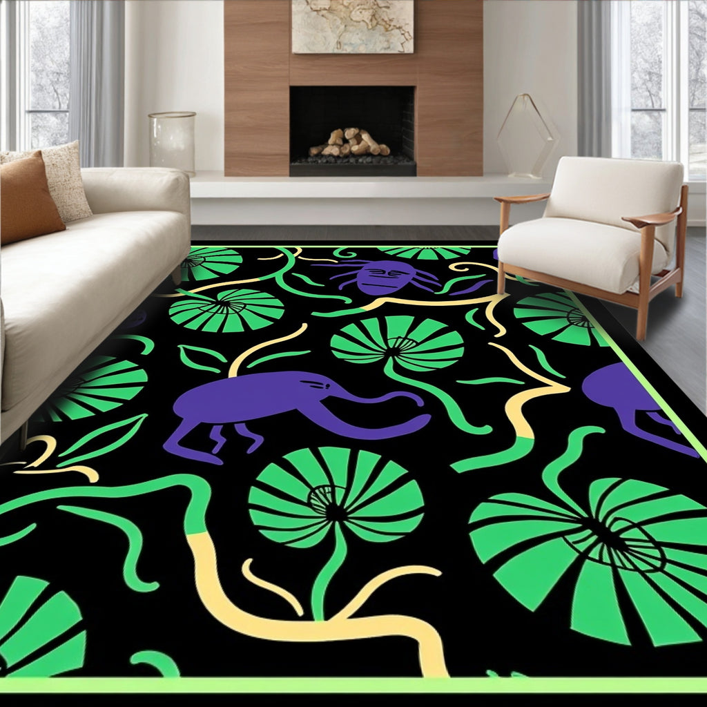 Purple Creatures Green Floral Whimsical Rug