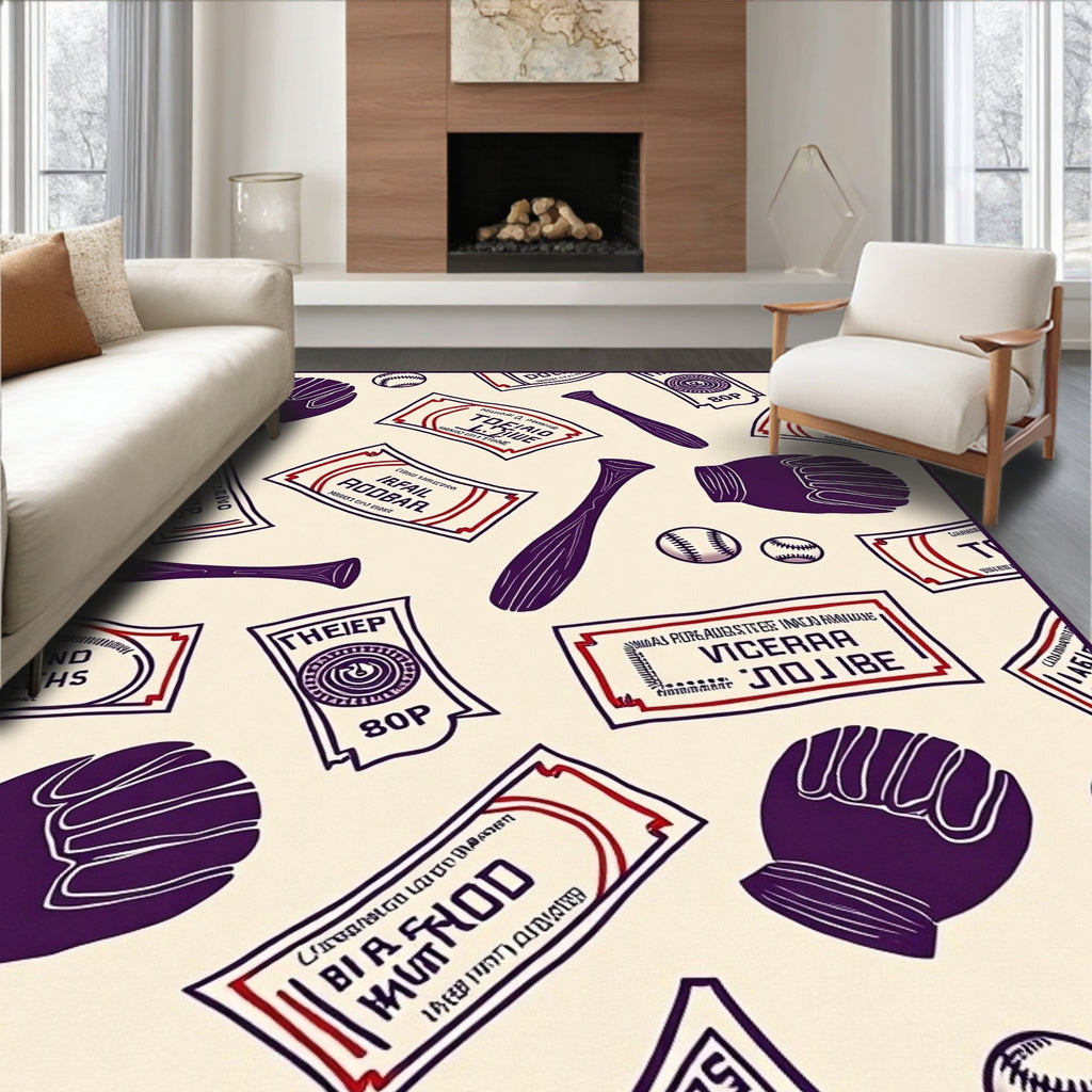 Vintage Baseball Tickets and Gloves Rug