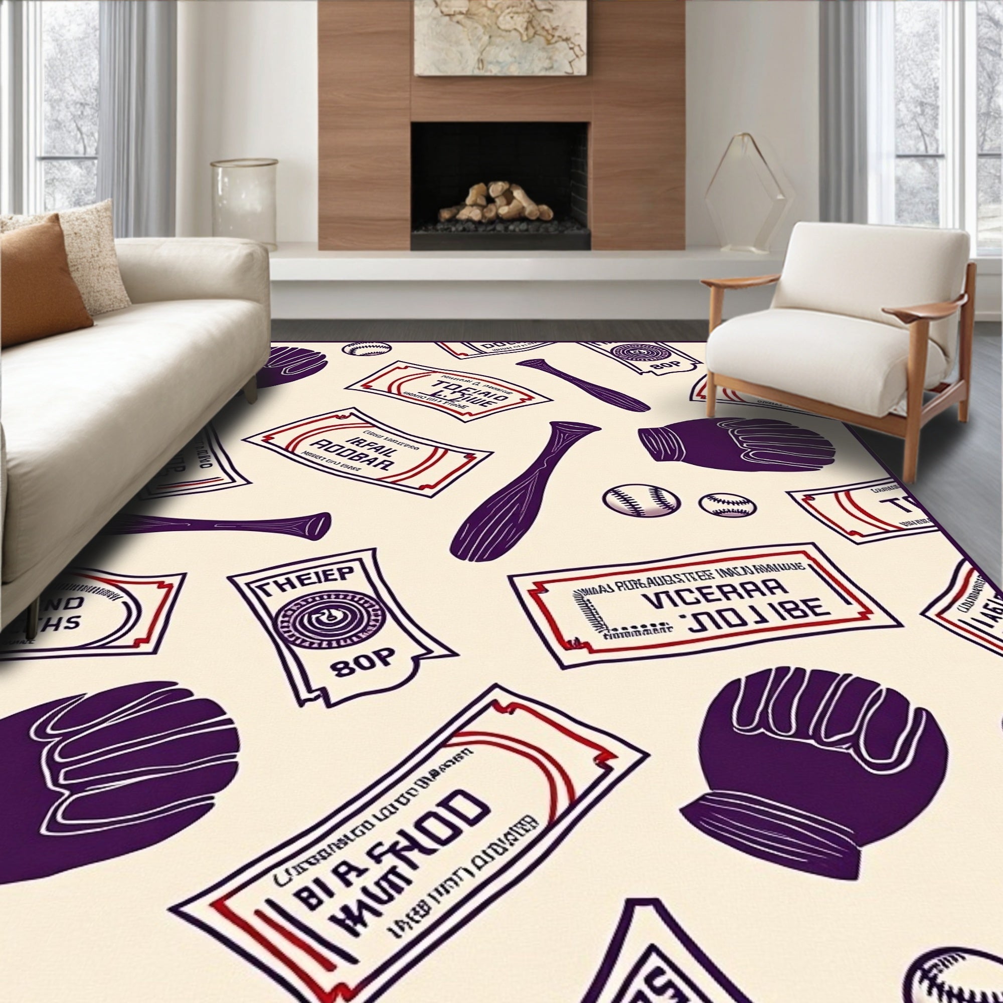 Vintage Baseball Tickets and Gloves Rug