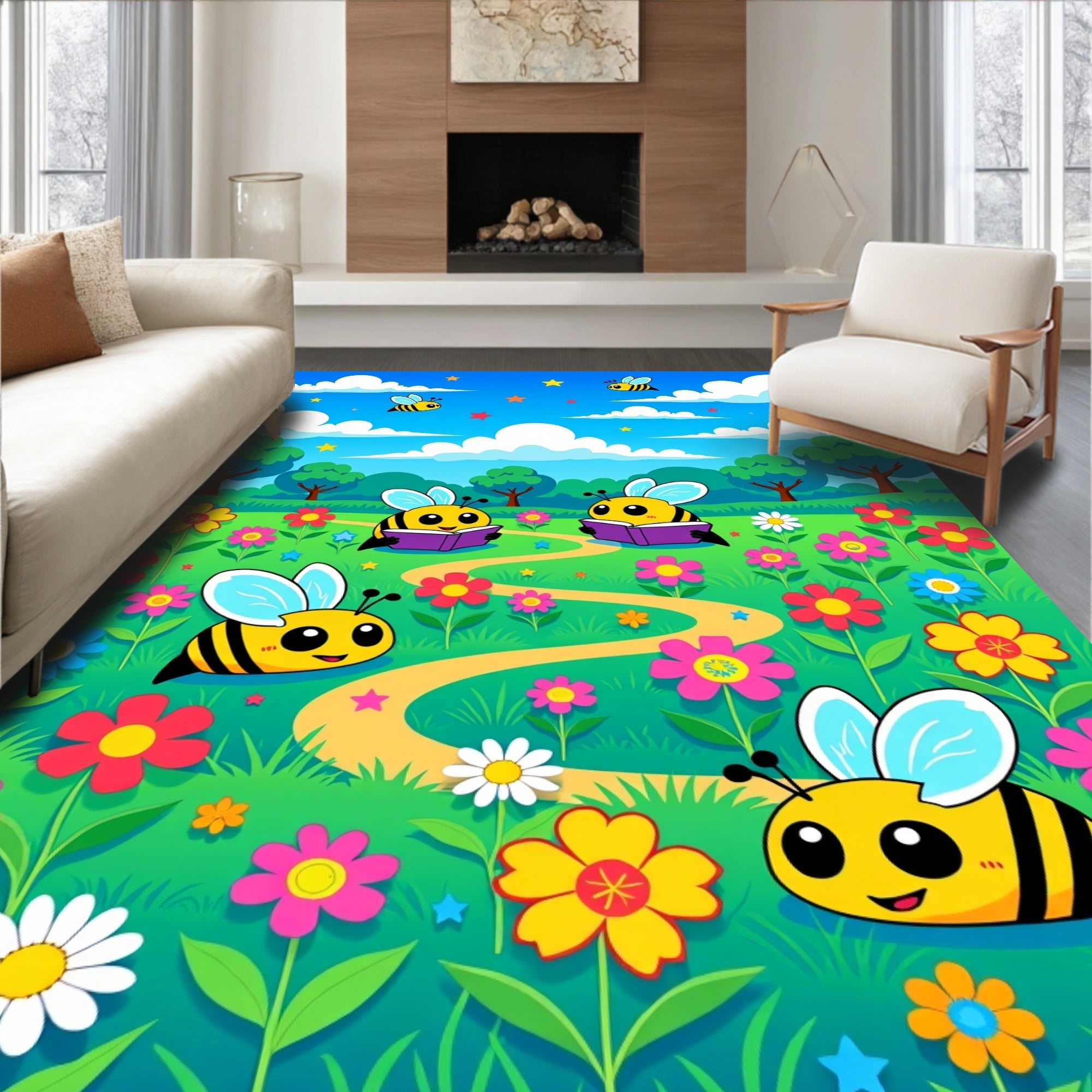Whimsical Bee Garden Meadow Lawn Rug