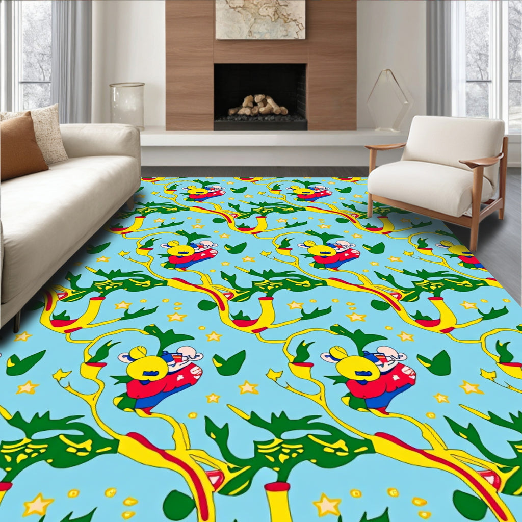 Whimsical Yellow Tree Bears Blue Sky Rug