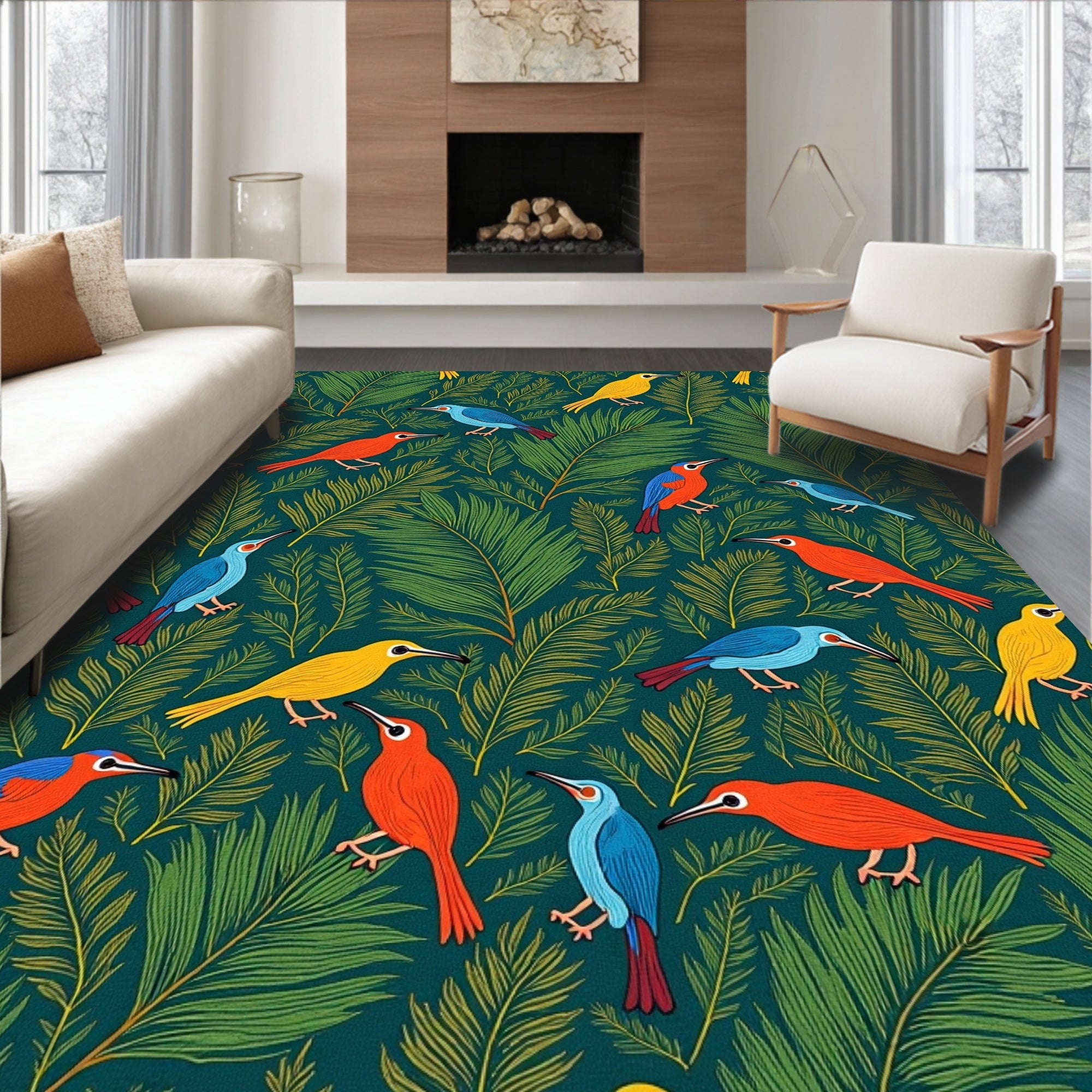 Tropical Birds and Ferns Teal Rug