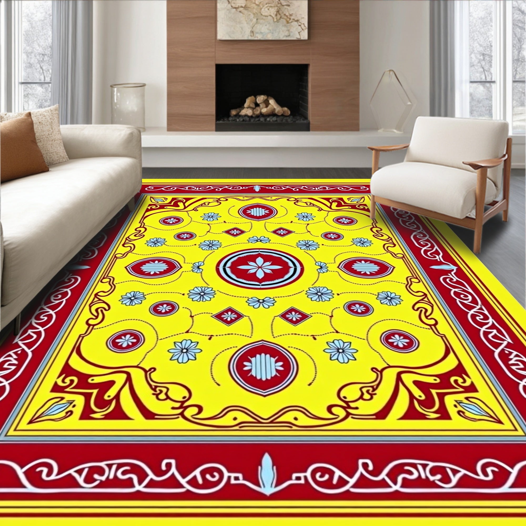 Vibrant Yellow Red Floral Medallion Rug
