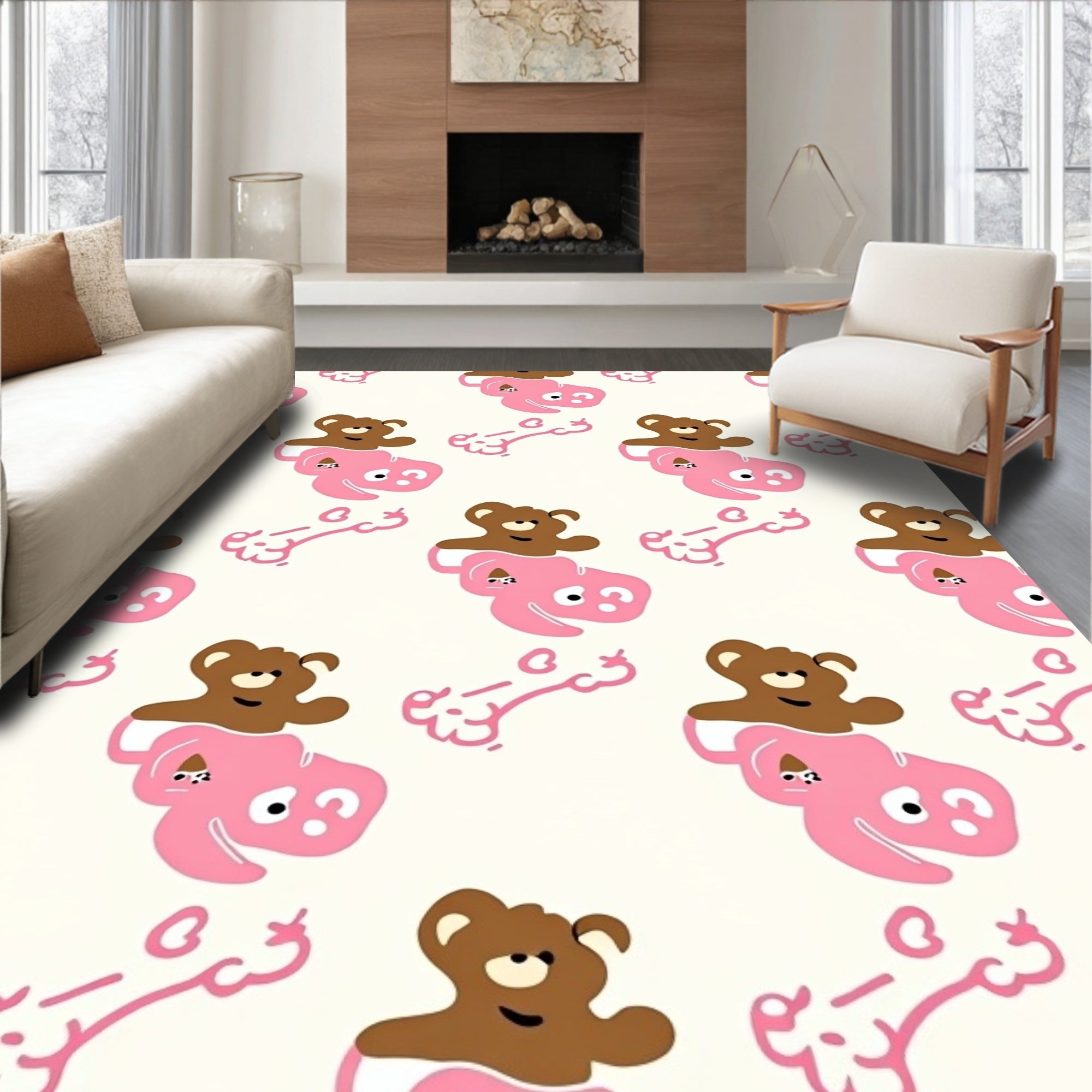 Pink Brown Teddy Bear Friends Whimsy Rug