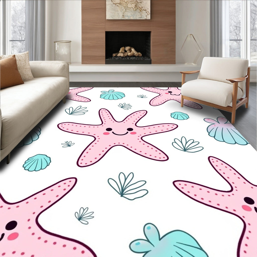 Cute Pink Starfish And Teal Shells Rug
