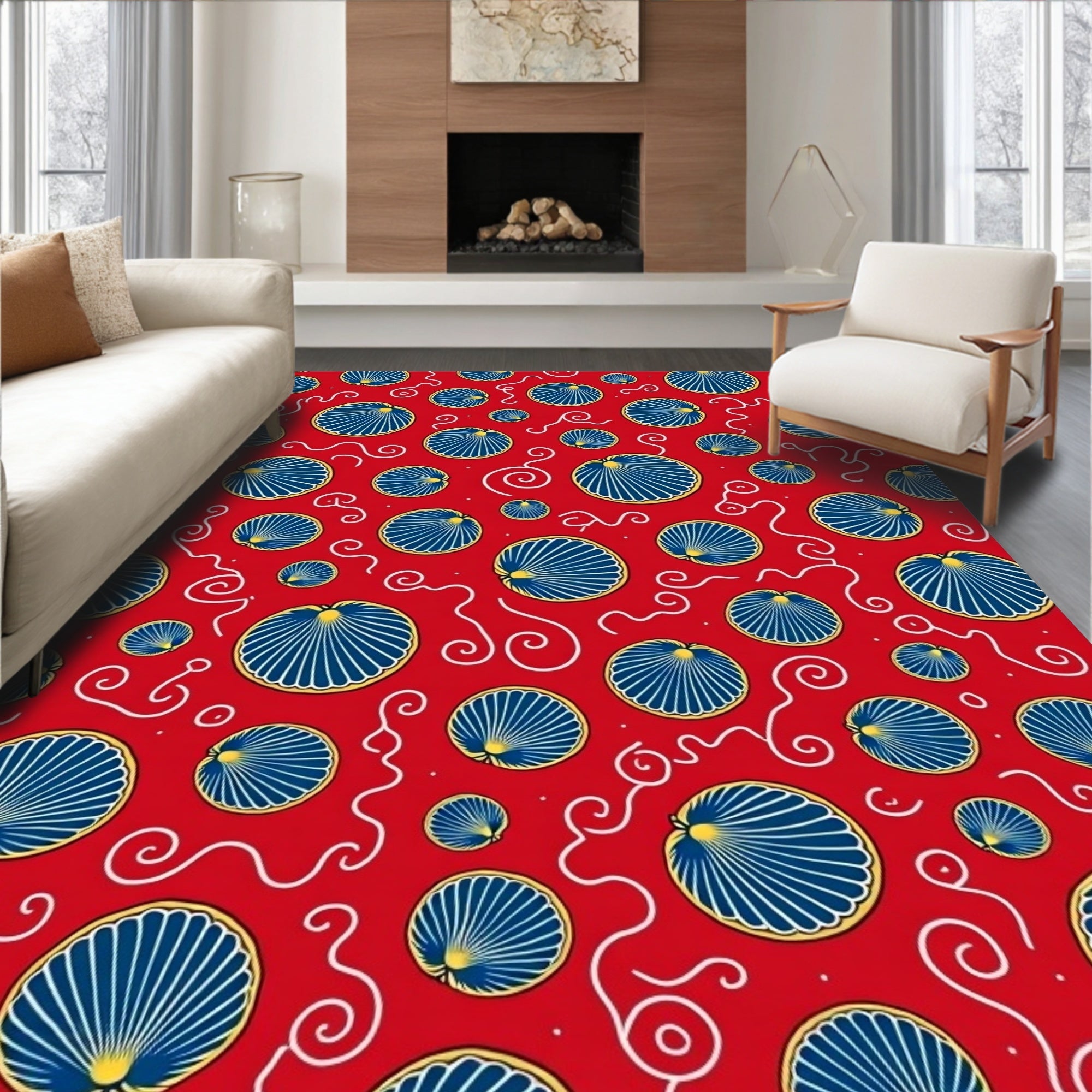 Vibrant Red Scallop Swirl Rug