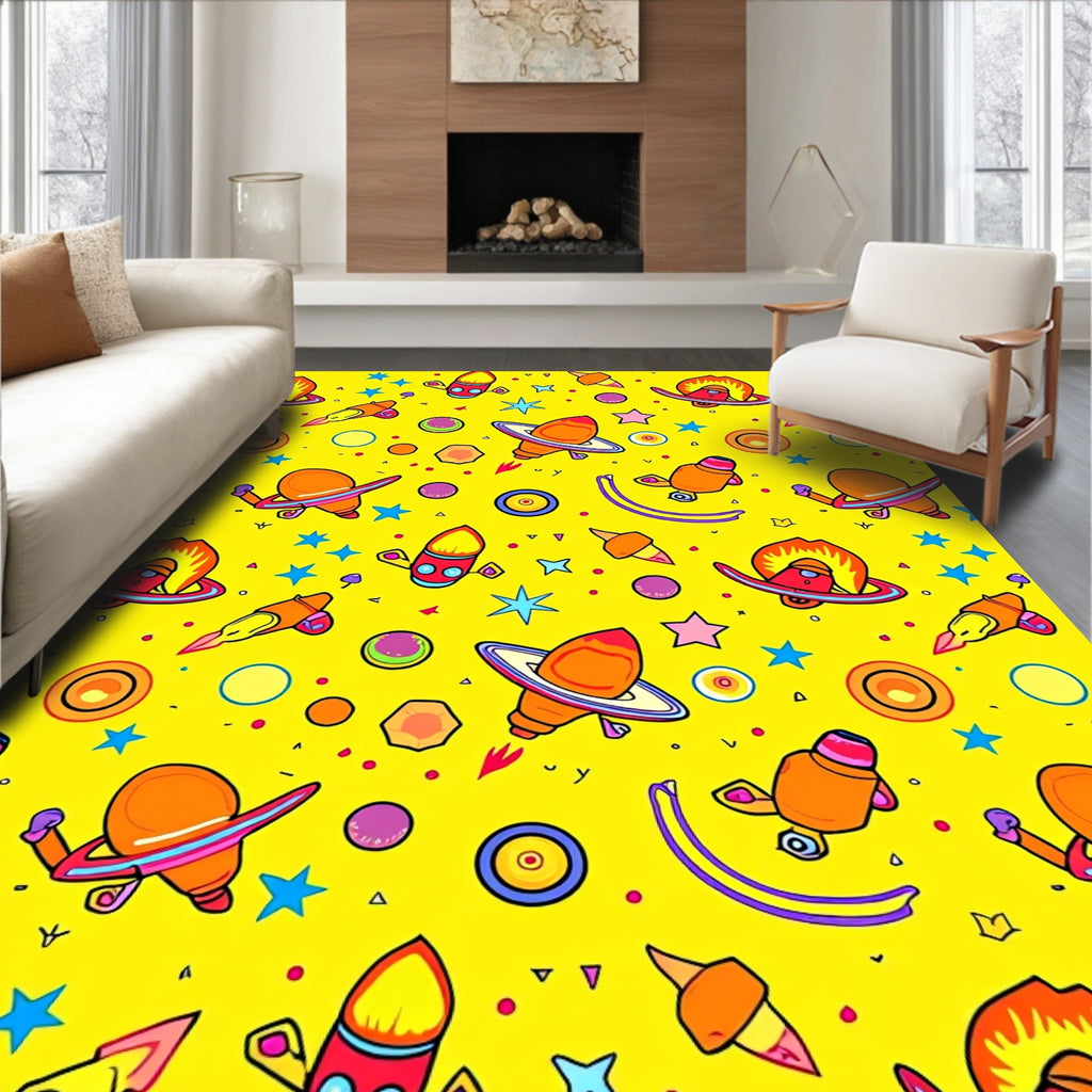 Vibrant Yellow Space Fleet Rocket Rug