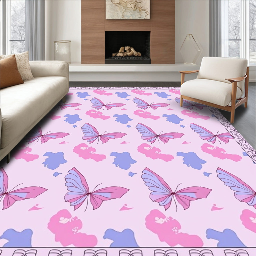 Pink Butterfly Garden Whimsical Design Rug