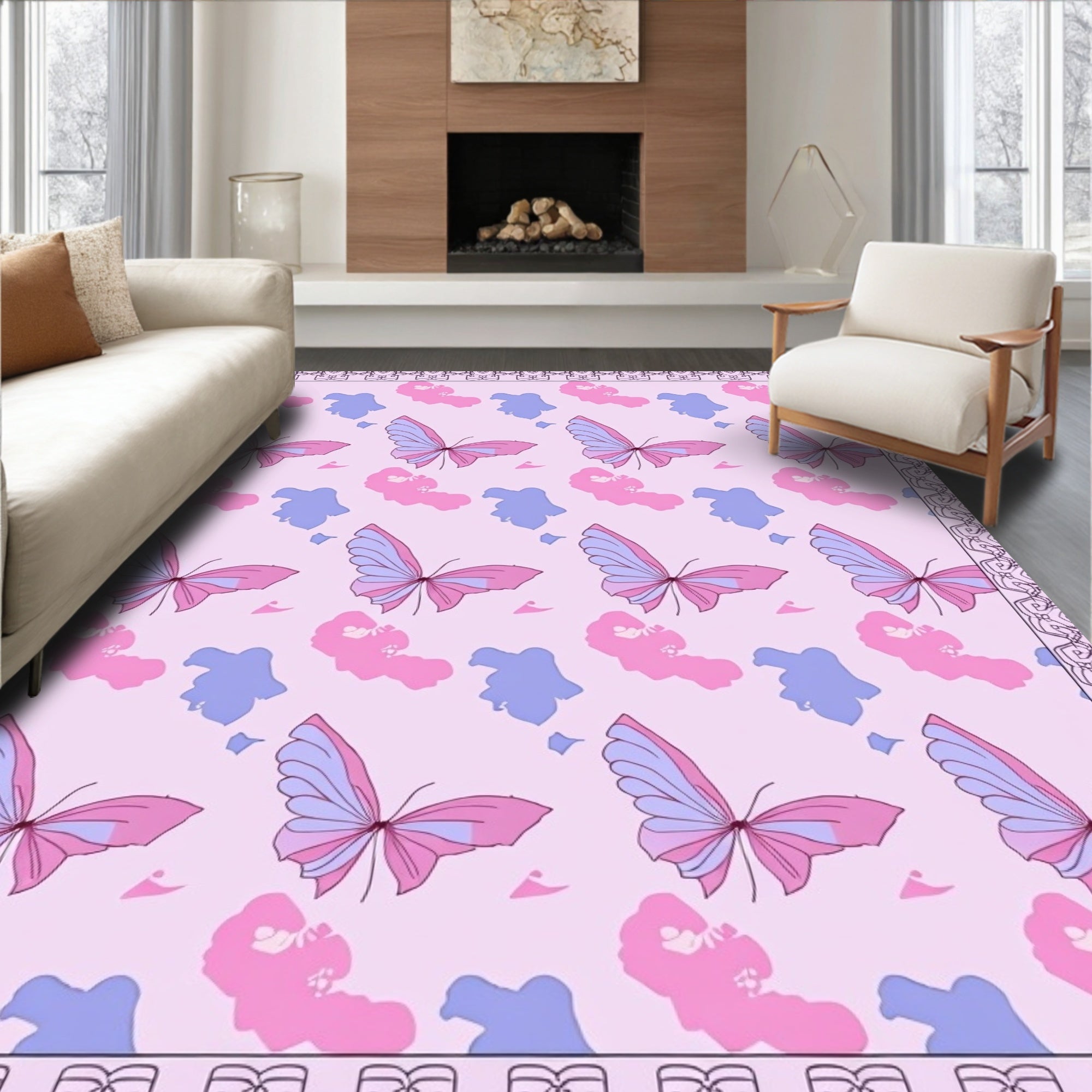 Pink Butterfly Garden Whimsical Design Rug